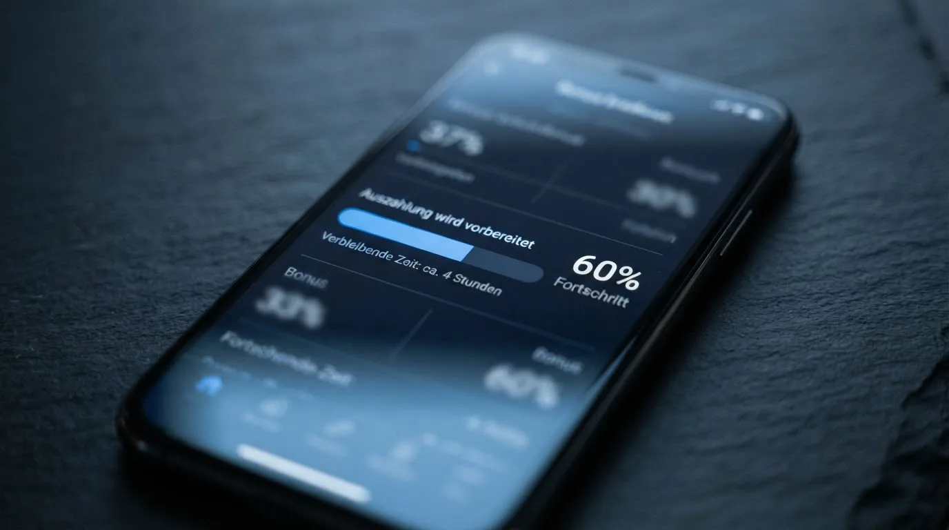 Bildschirmausschnitt mit einem Fortschrittsbalken und Prozentanzeige auf einem Smartphone, im Hintergrund unscharfe Zahlen.