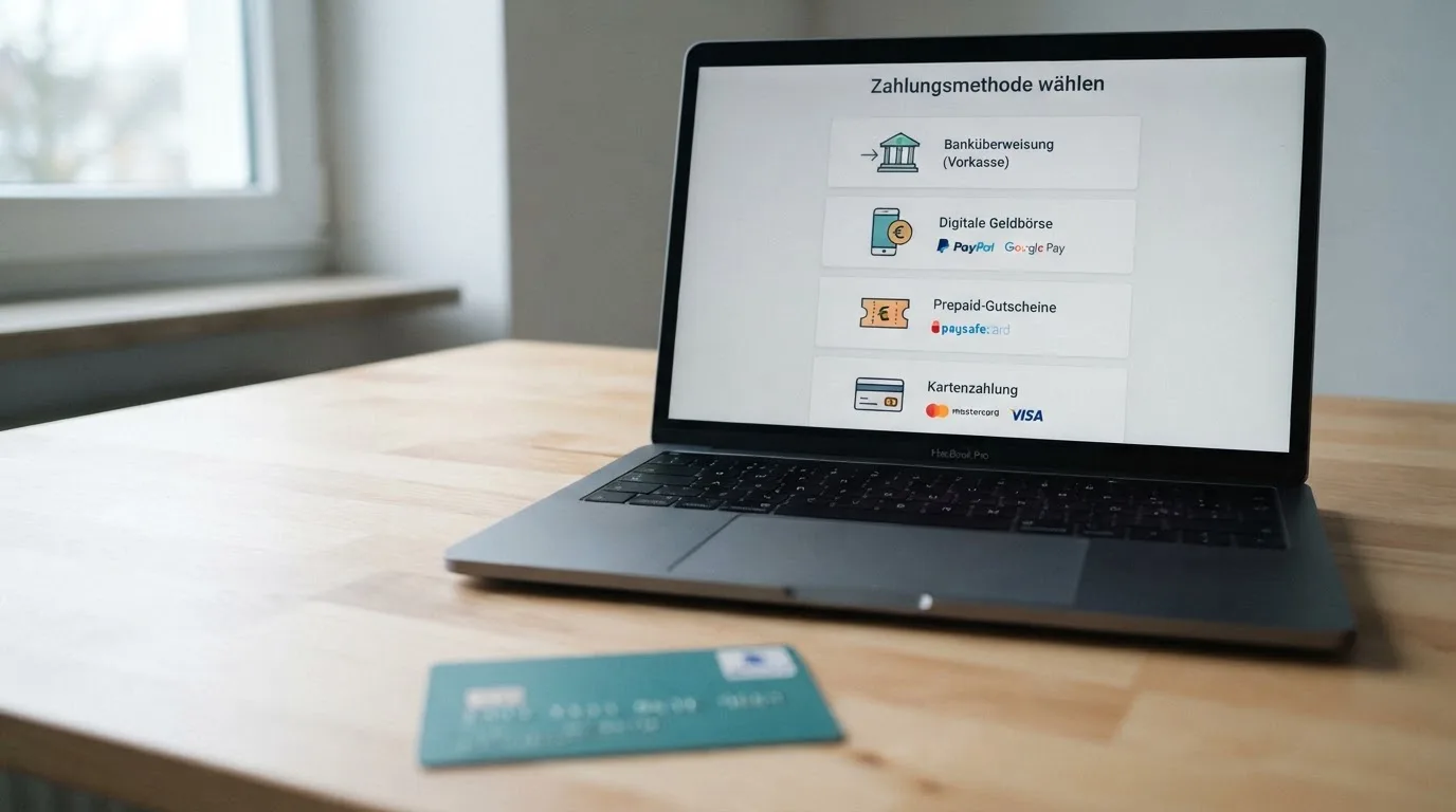 Nahaufnahme eines Laptops mit einer Liste an Zahlungssymbolen auf dem Bildschirm neben einer Kreditkarte, die unscharf im Vordergrund liegt.